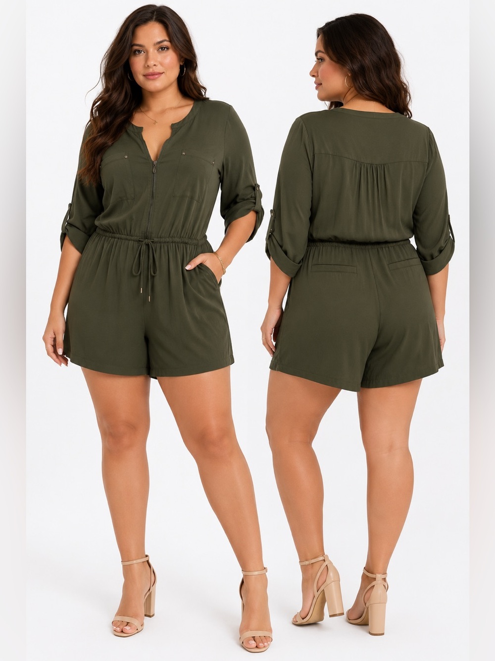Torrid Chalice Olive Green Zip Front Utility Romper One Piece Plus sz 00 10-12